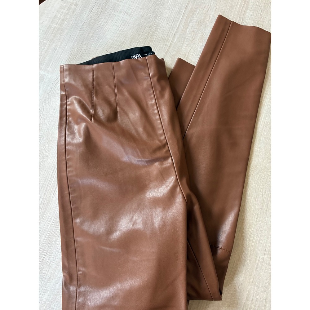 Zara Faux Leather Leggings Cognac Brown High Waisted Slim Fit Pants Women M Fall